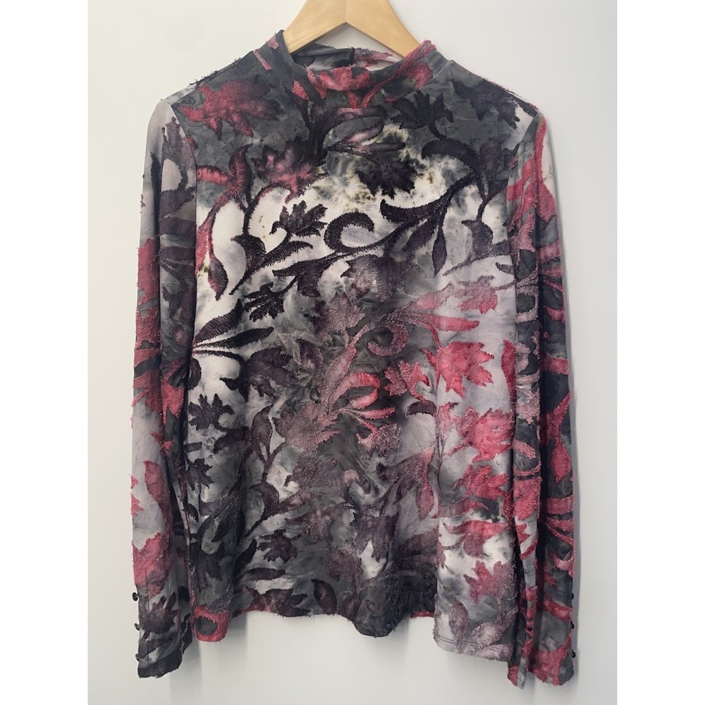 Investments Mock Neck Womens Long Sleeve Shirt Size Medium Black Red Floral Top